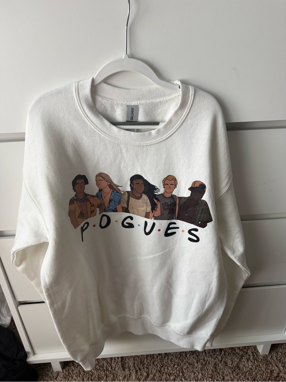 Gildan White Pogue's Crewneck Sweatshirt with Colorful Character Graphic